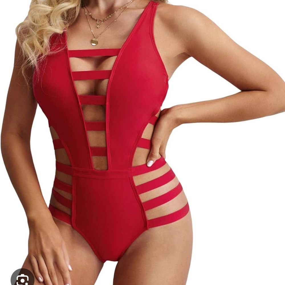 Red Strappy One-Piece Swimsuit